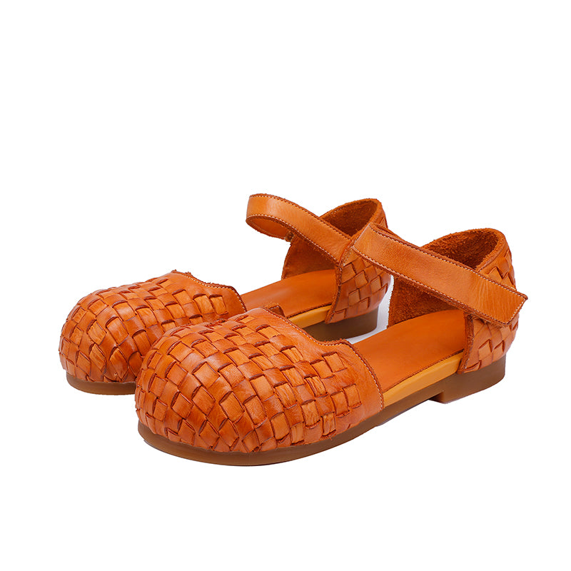 Handwoven Leather Closed Toe Flat Sandals Round Big Toe Mary Jane Shoes with Velcro Strap in Brown/Caramel