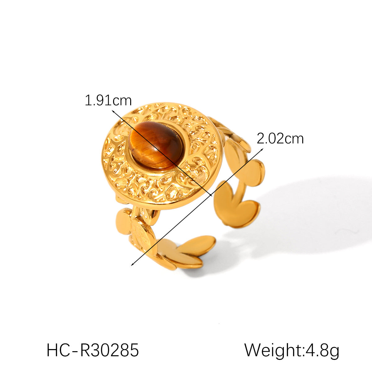 French Retro Stainless Steel Inlaid Natural Tiger Eye Stone Ring Female All-Match Geometric Titanium Steel Ring