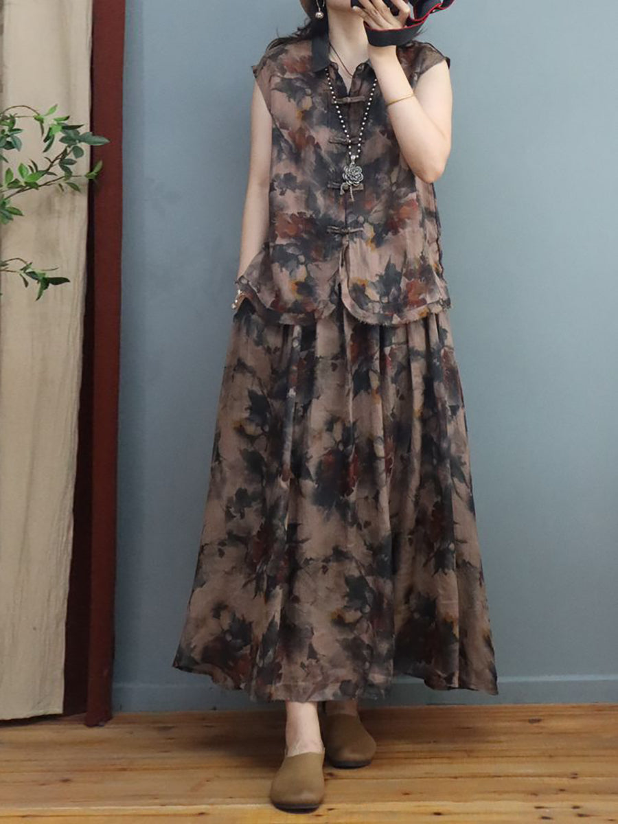 Plus Size Women Summer Ethnic Ink Flower Ramie Shirt/Skirt