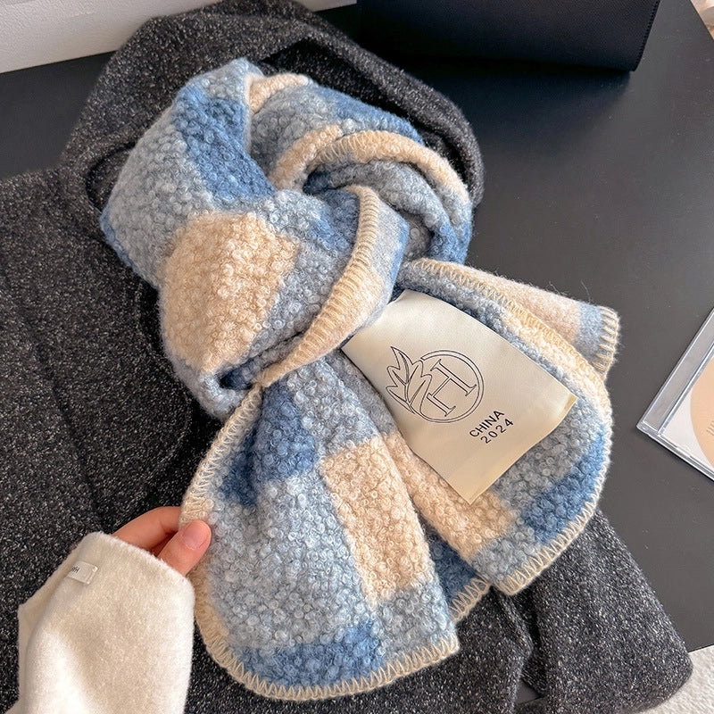 Atmosphere Color-Contrast Check Circle Hair Scarf Women's Winter Warm All-Matching Affordable Luxury Fashion Temperament Shawl