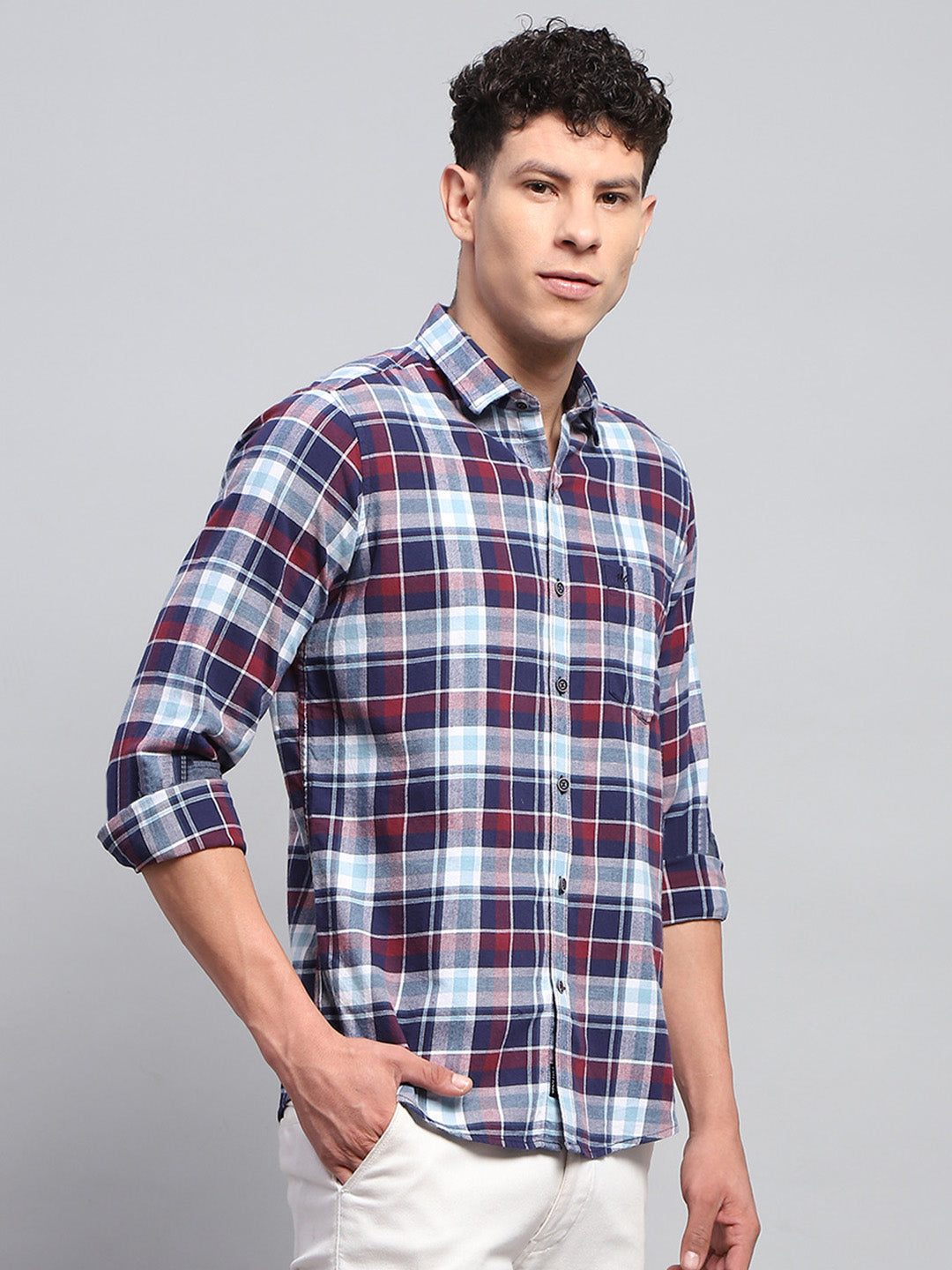 Men Blue Check Collar Full Sleeve Shirt