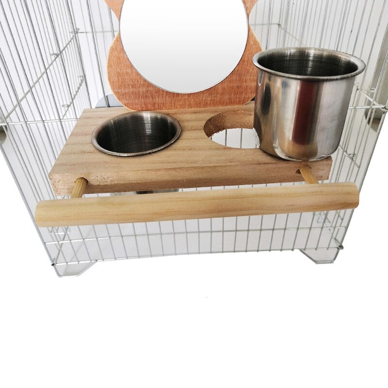 Bird Toy Cage Hanging Mirror With Feeder