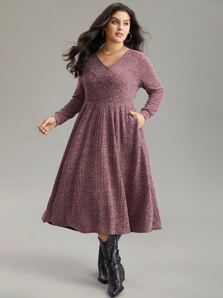 Rib Knit Plain Plisse Long Sleeve Dress