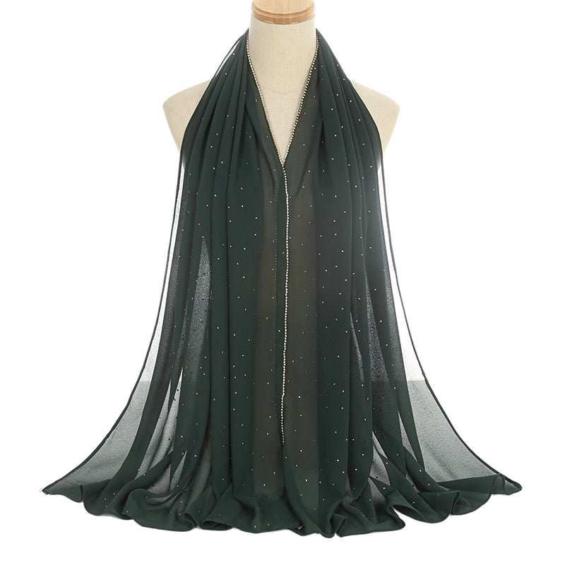New Rhinestone Chain Pearl Chiffon Long Scarf Casual Diamond Headscarf Scarf Scarf Women's Scarf