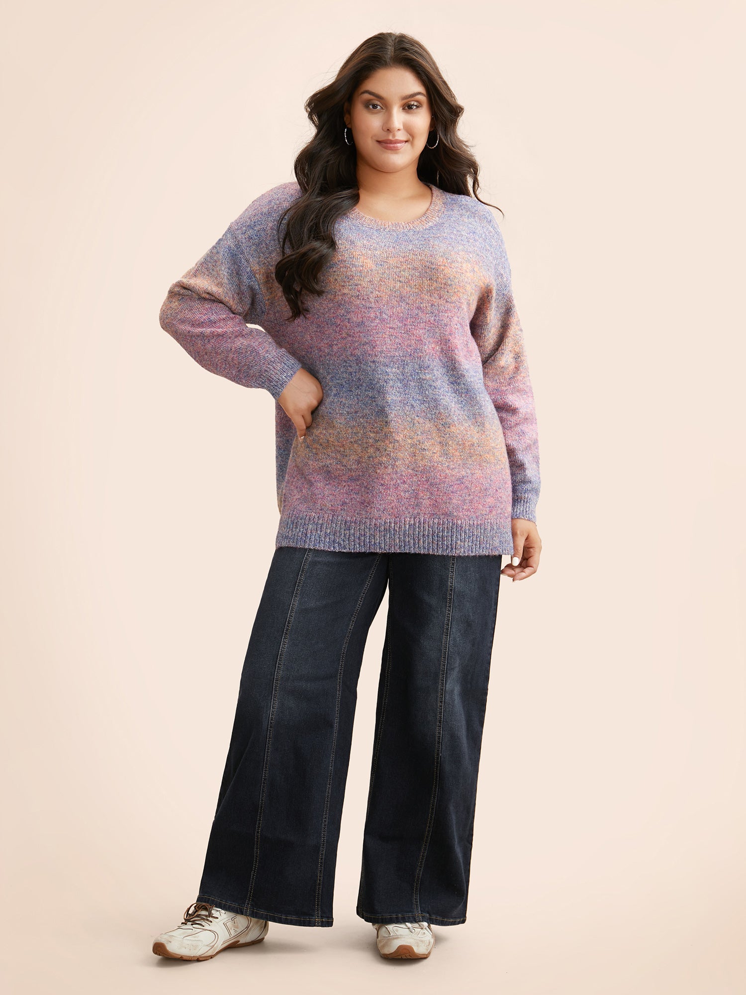 Gradient Dyeing Round Neck Slit Hem Pullover