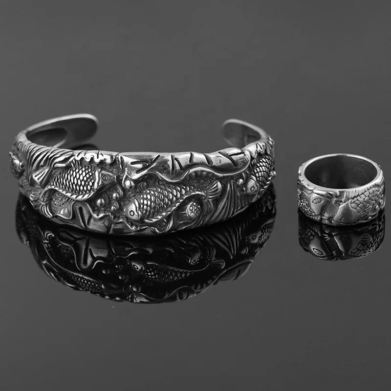 Bangle Bracelets Rings For Girl Charms Stainless Steel Jewelry Sets Carp Animal 3D Design Traditional Accessories For Luck