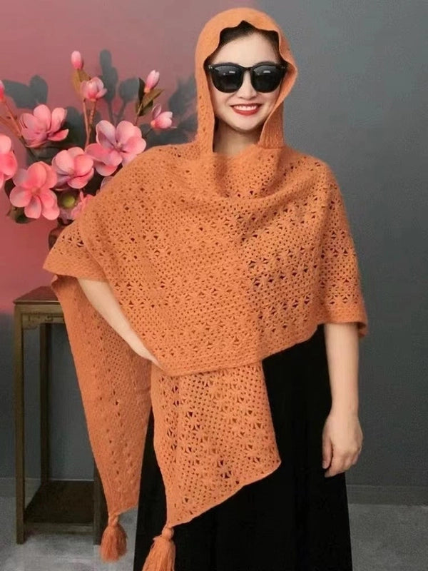 New Autumn And Winter Hooded Butterfly Flower Solid Color Knitted Hollow Temperament Warm Shawl Retro Travel Outerwear