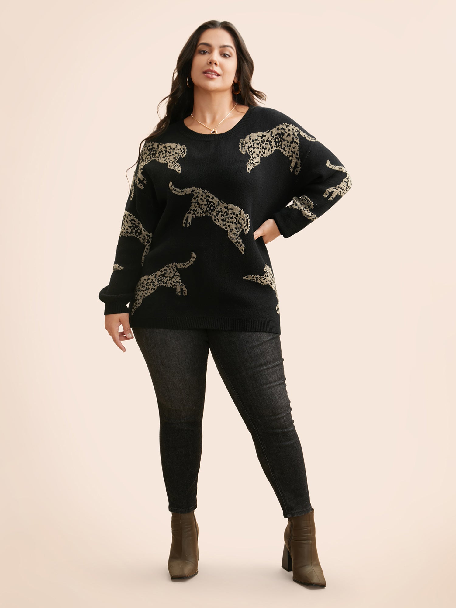 Animal Jacquard Drop Shoulder Sleeve Pullover