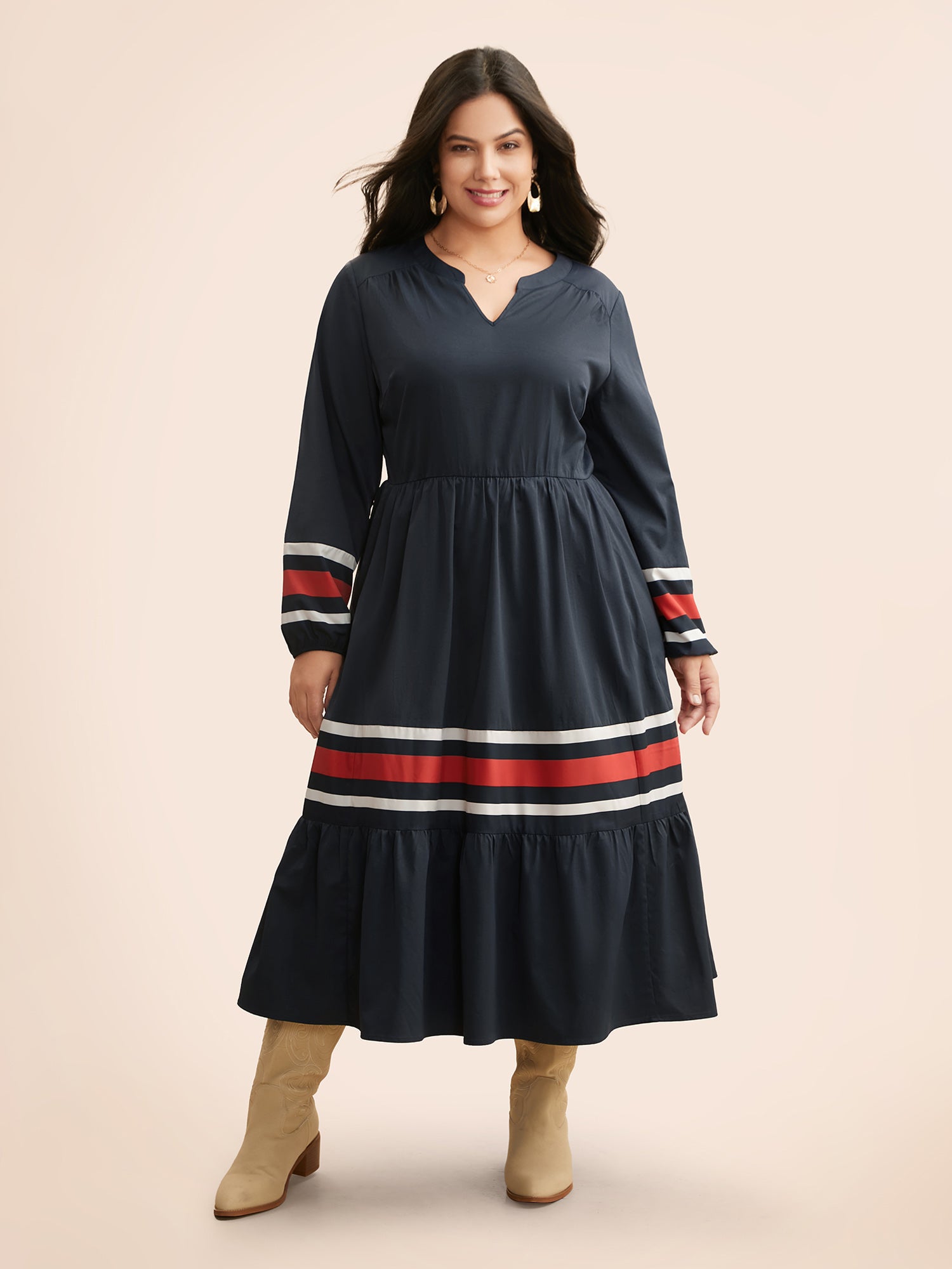 Contrast Striped Notched Ruffle Hem Dress