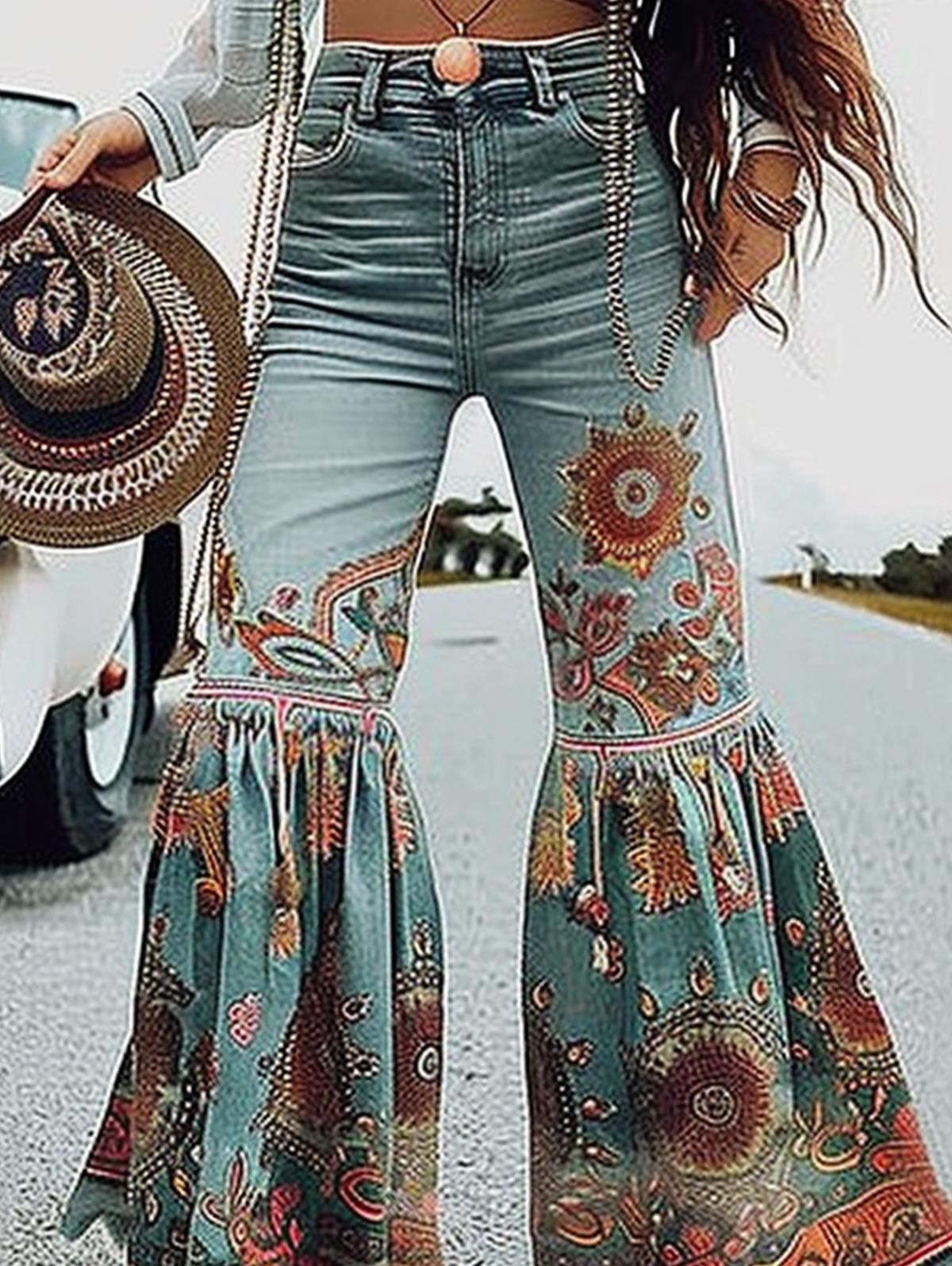 Ursime High Waist Boho Print Bell Bottom Pants