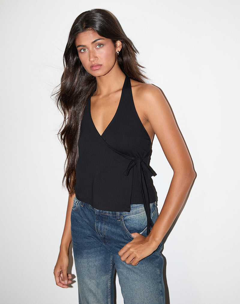 Wisty Halter Neck Wrap Top in Jersey Black