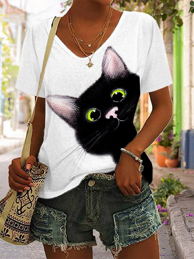 Women's Cute Funny Black Cat Print Casual V-Neck Tee