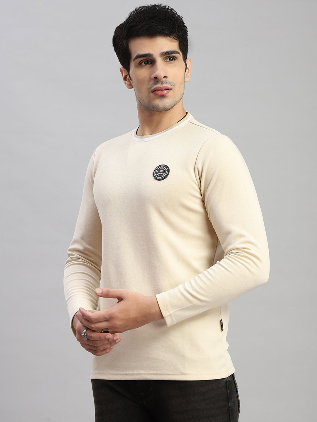 Men Cream Solid Round Neck Full Sleeve T-Shirt