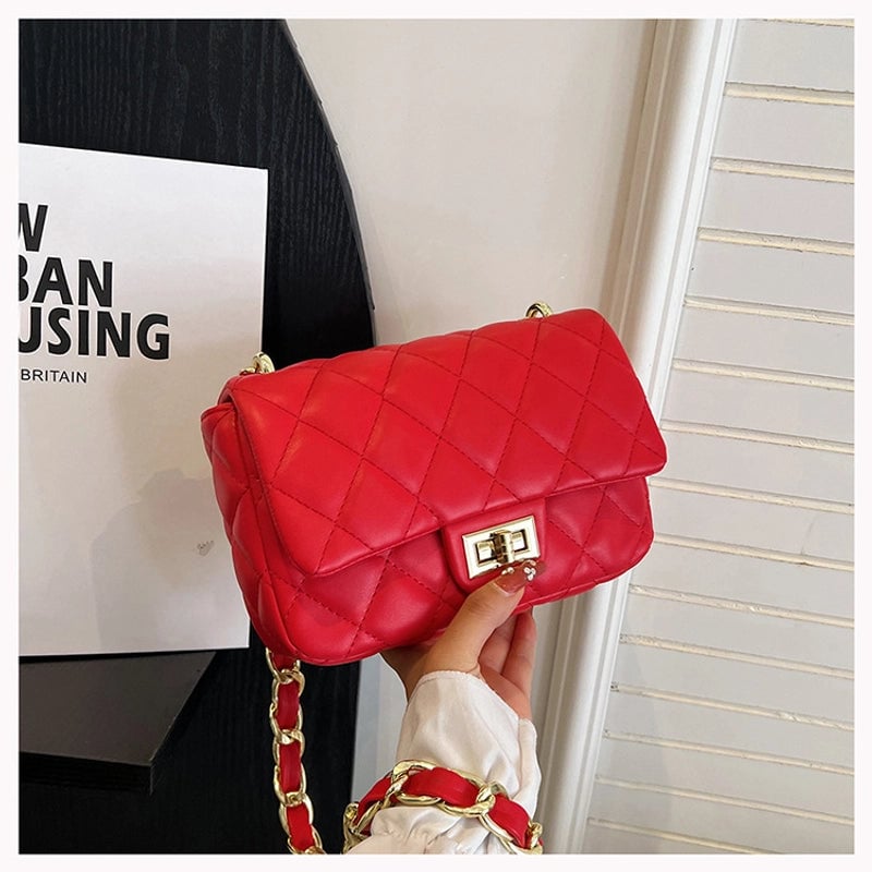 Women's Pu Leather Lingge Elegant Sewing Thread Square Flip Cover Shoulder Bag Crossbody Bag