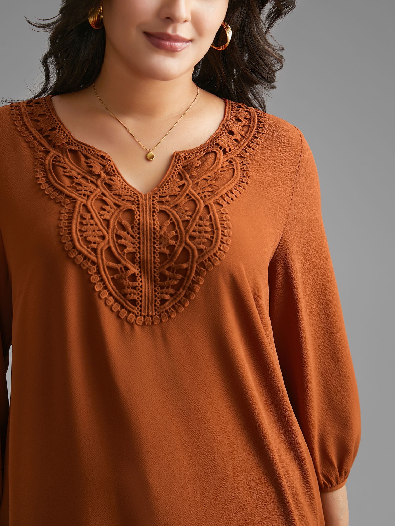 Notched Lace Trim Gathered Blouse