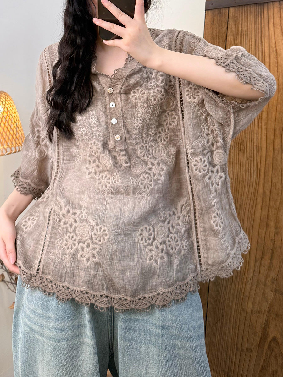 Women Summer Artsy Embroidery Flower Ramie V-Neck Shirt