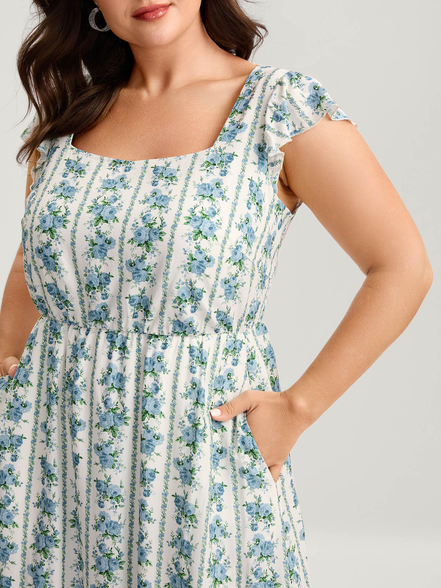 Floral Stripe Flutter Sleeve Maxi Dress