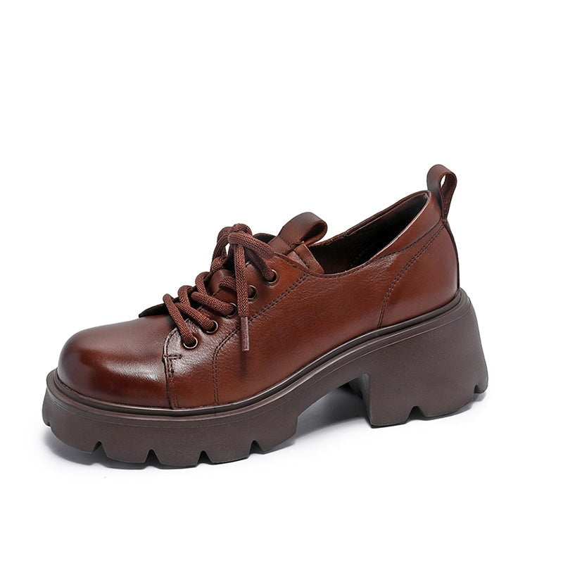 British Style 55mm Chunky Platform Oxford Shoes Cow Leather Lace-Up Loafers in Black/Brown