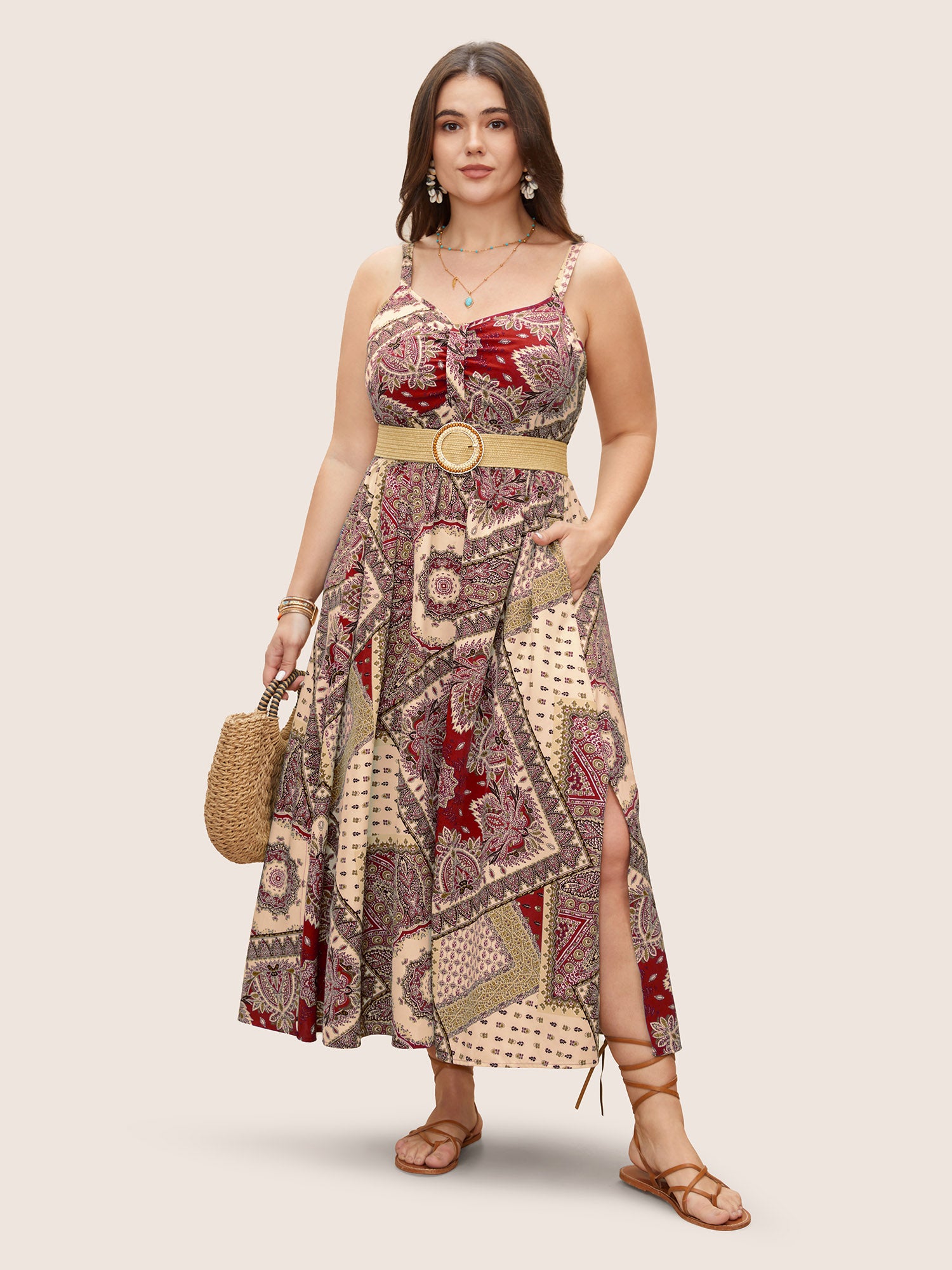 Bandana Print Ruched Split Hem Cami Dress