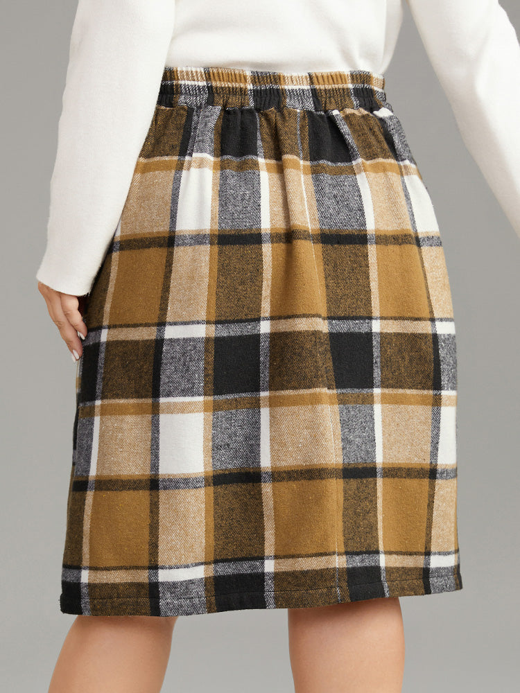 Plaid Button Detail Patched Pocket Skirt