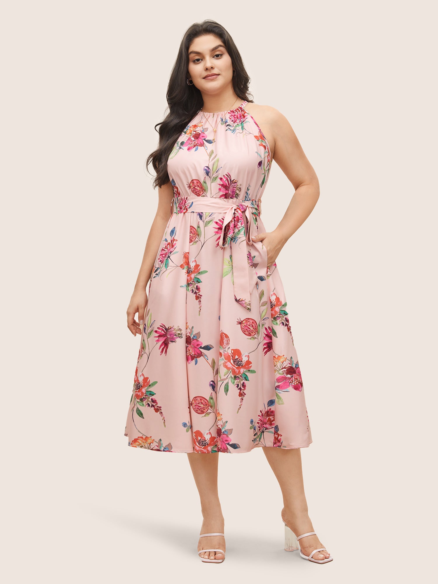 Citrus Fruit Print Halter Belted Gathered Dress