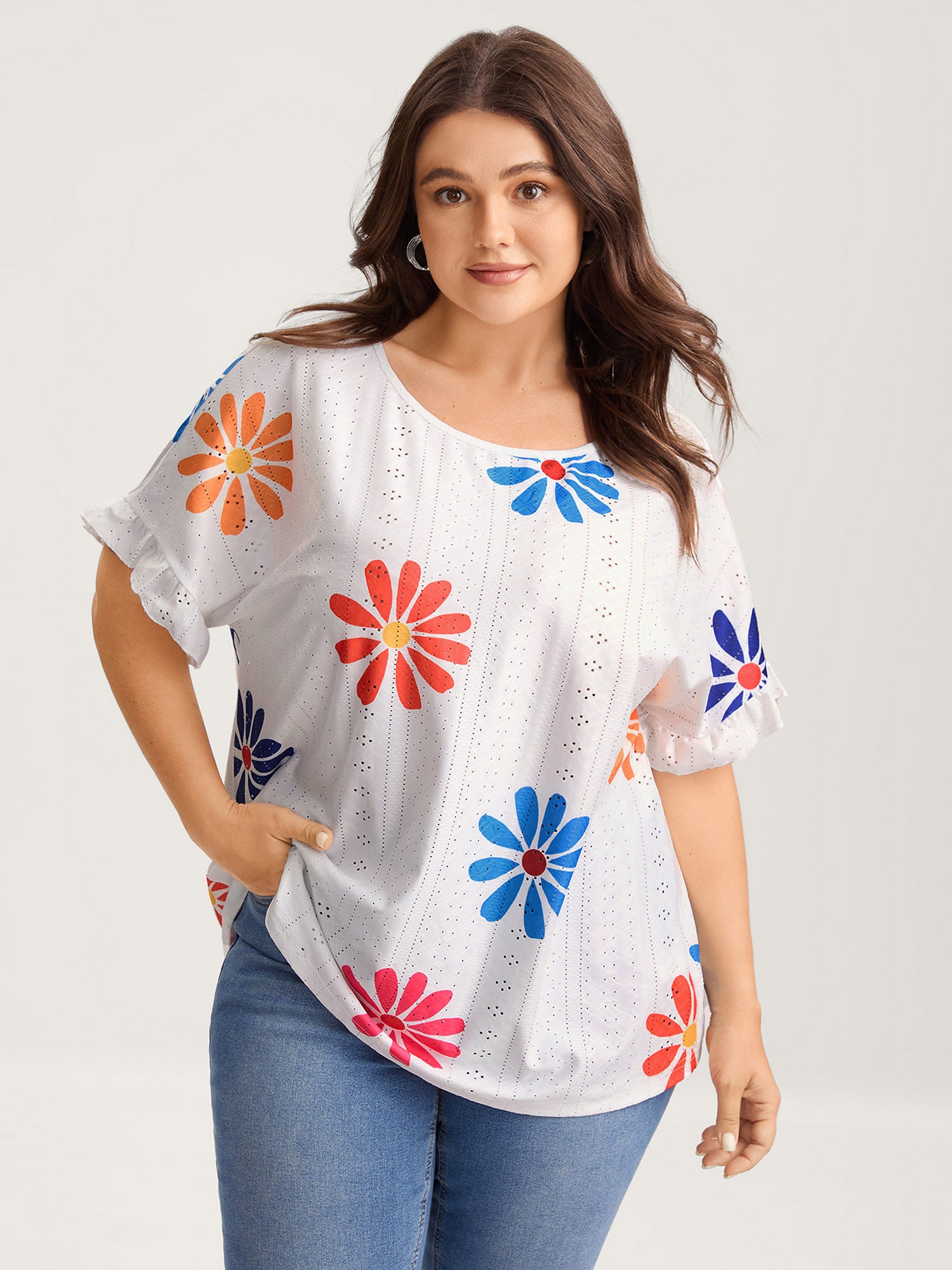 Textured Floral Print Flowy T-Shirt