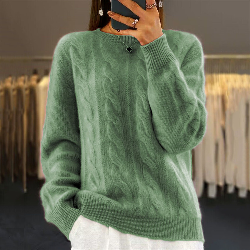 Retro Twist Crew Neck Solid Color Sweater