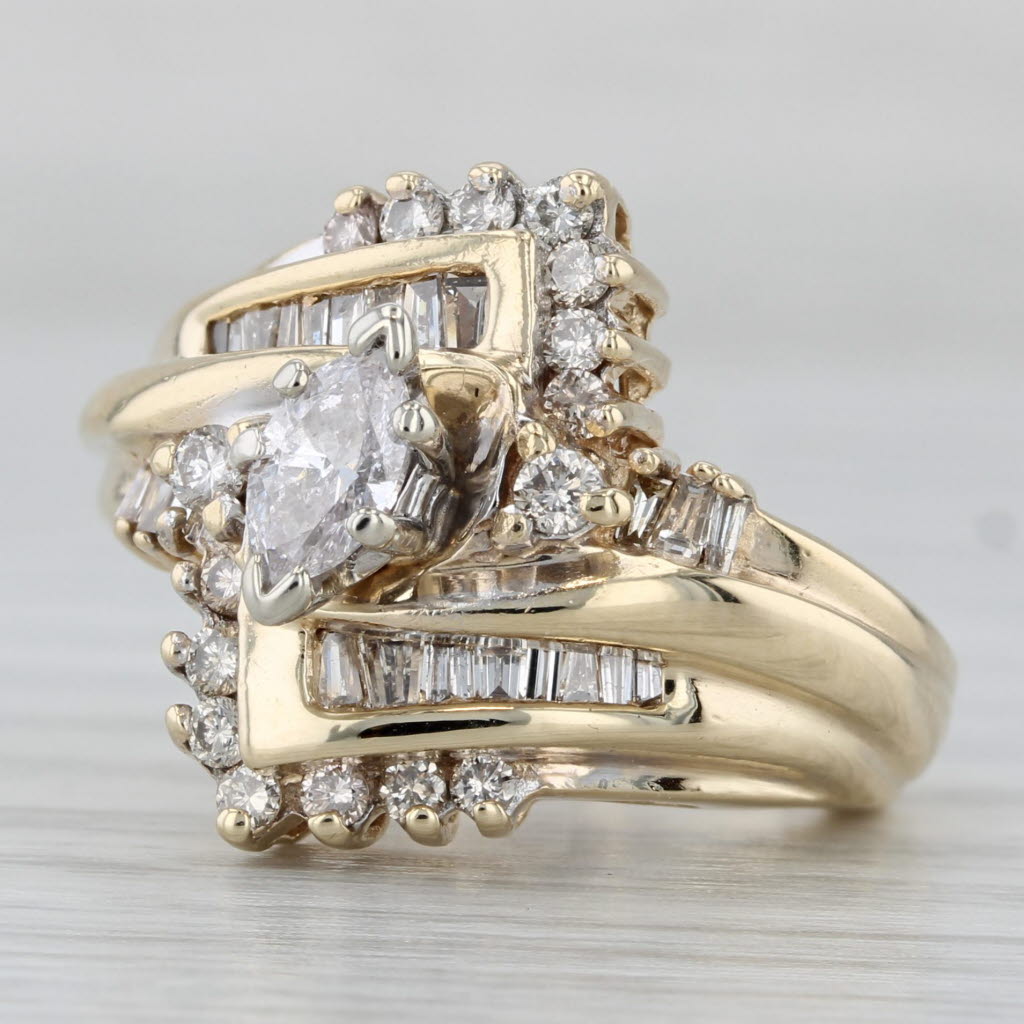 0.94ctw Marquise Diamond Bypass Engagement Ring 14k Yellow Gold Bridal Size 4.75