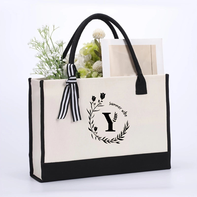 Women's Elegant Letter Flower Canvas Shopping Bags