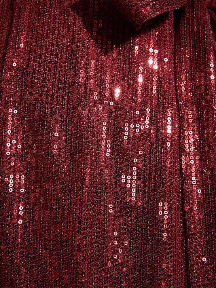 Solid Square Neck Lantern Sleeve Belted Sequin Dress