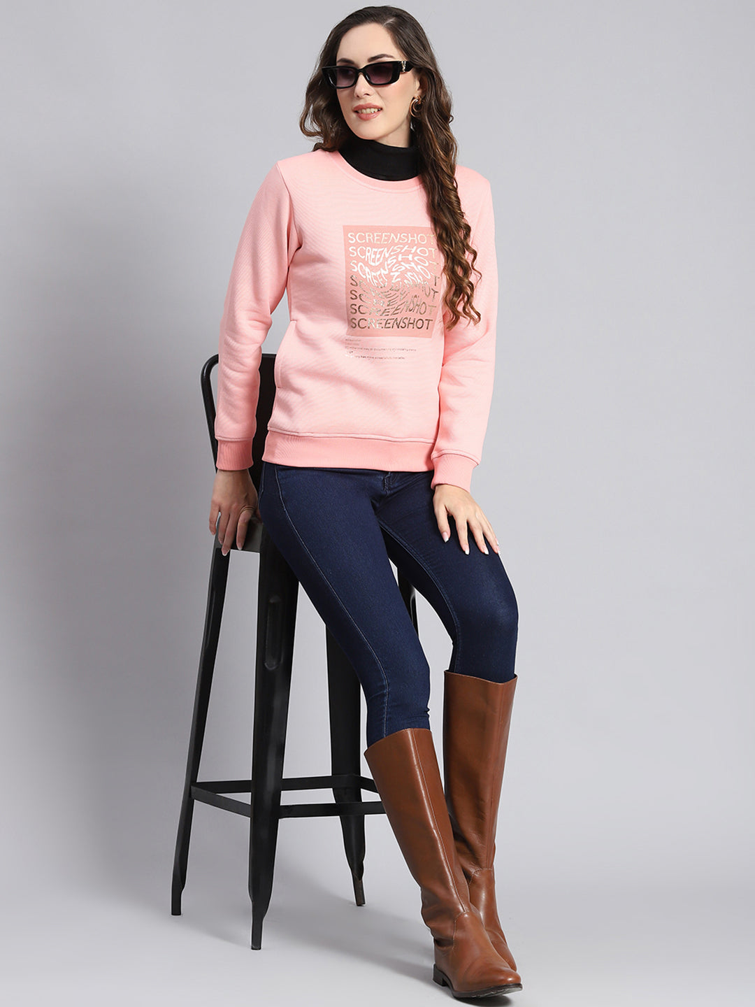 Women Pink Printed Round Neck Full Sleeve Sweatshirts