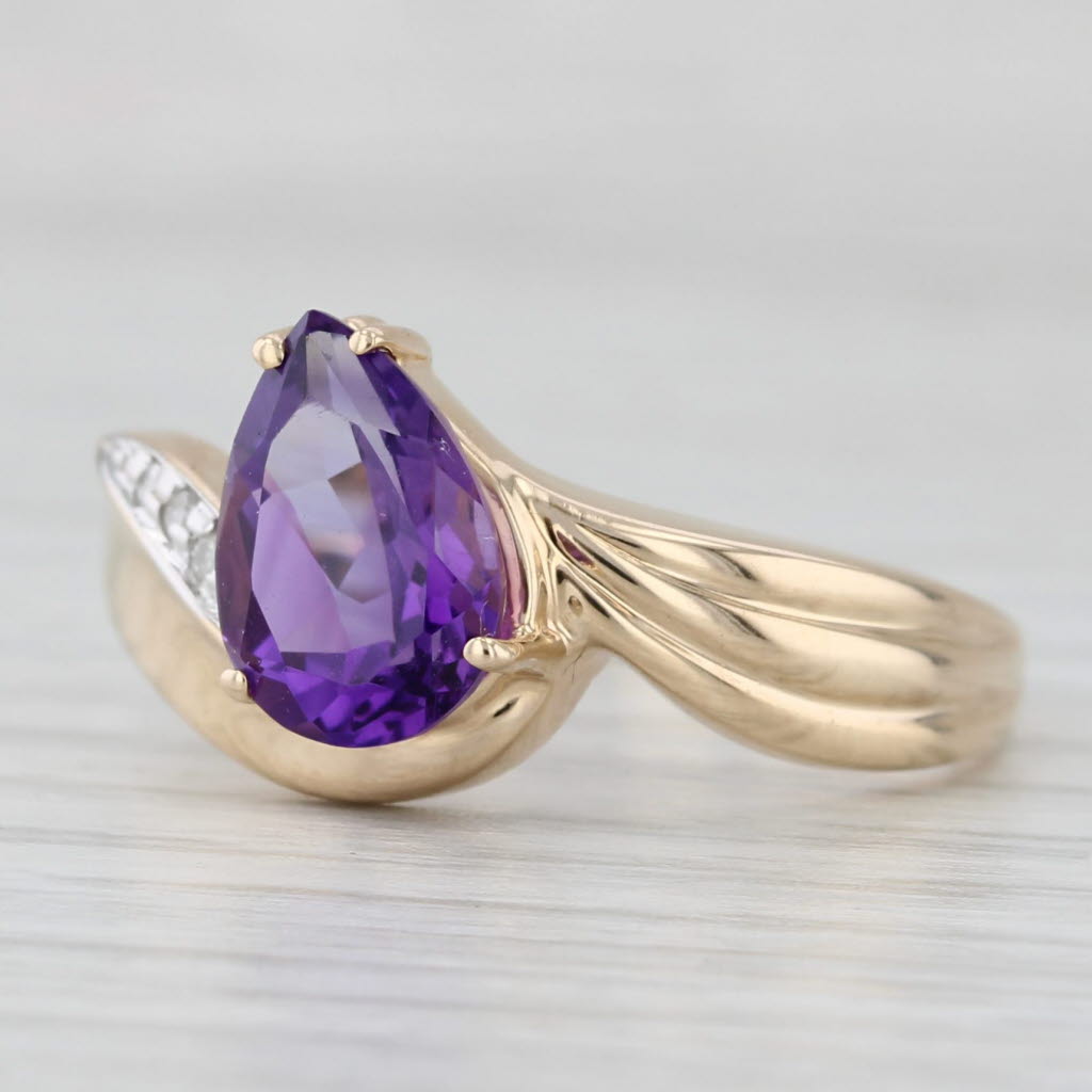 2.20ct Amethyst Pear Ring 14k Yellow Gold Diamond Accents Size 10.25