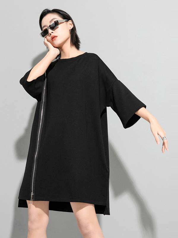 Original Black Zipper Batwing Sleeve Round-Neck Mini Dress