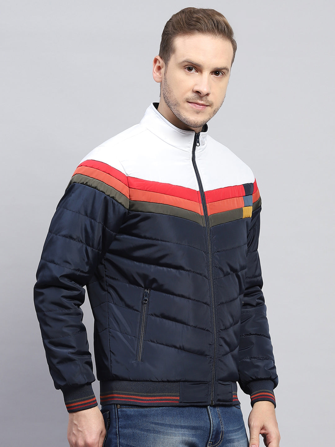 Men Navy Blue Solid Mock Neck Full Sleeve Jacket