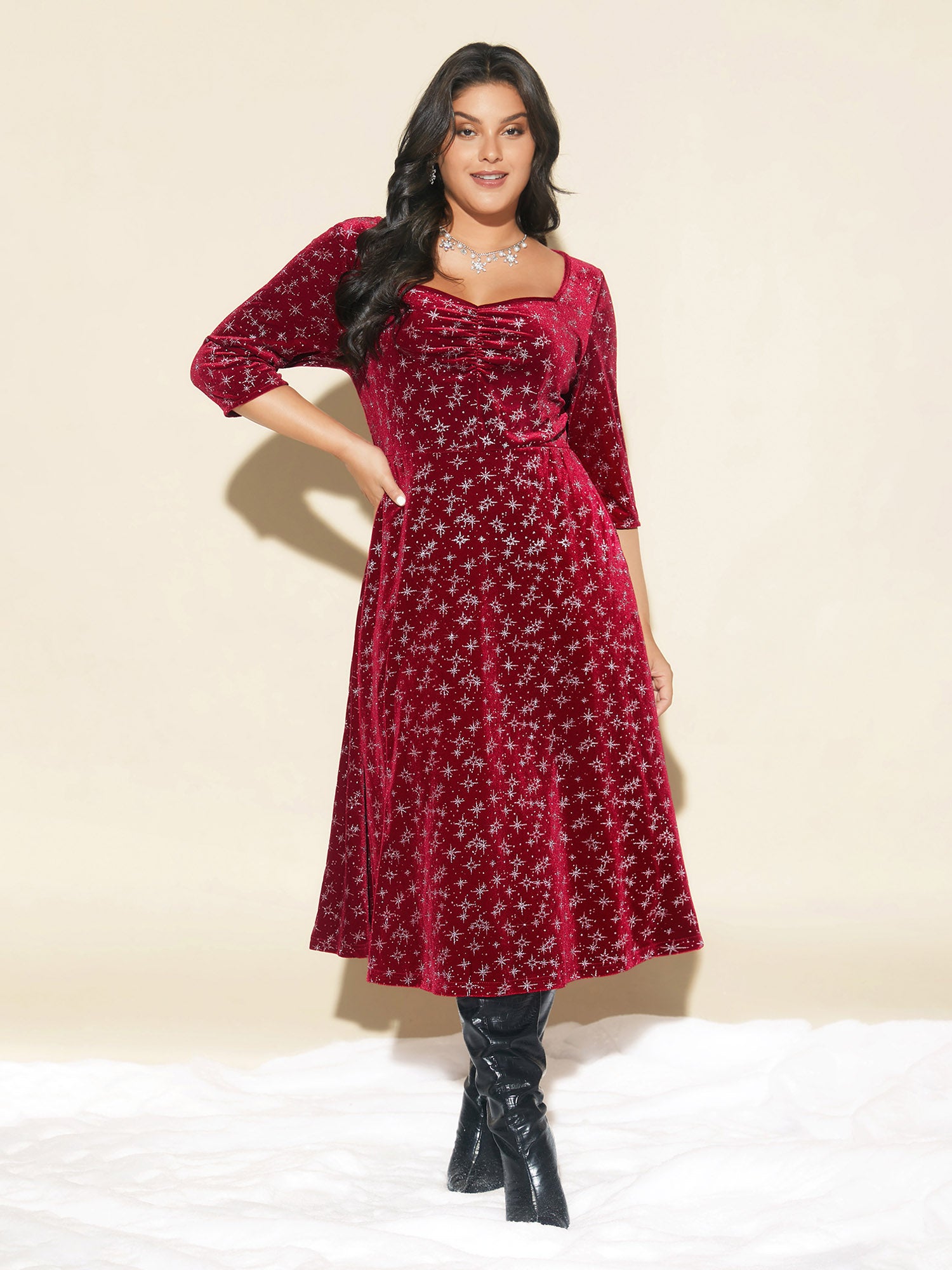 Embossed Velvet Sweetheart Neckline Midi Dress