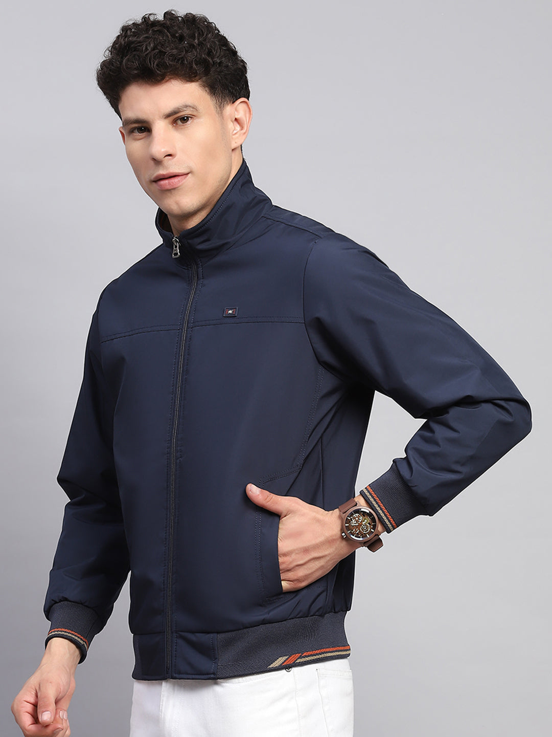 Men Navy Blue Solid Mock Neck Full Sleeve Jacket