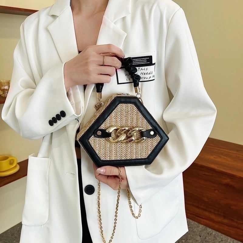 Women's Small Straw Geometric Classic Style Lock Clasp Straw Bag