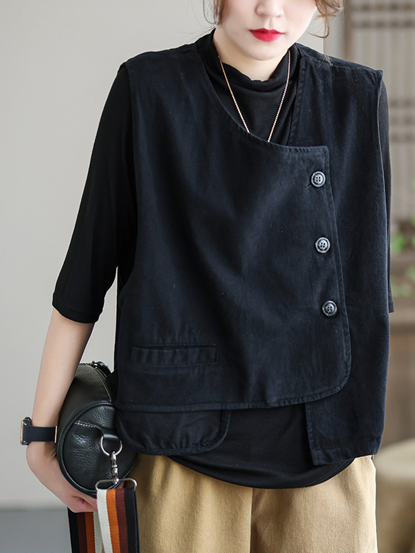 Vintage Asymmetric Solid Color Buttoned Vest Top