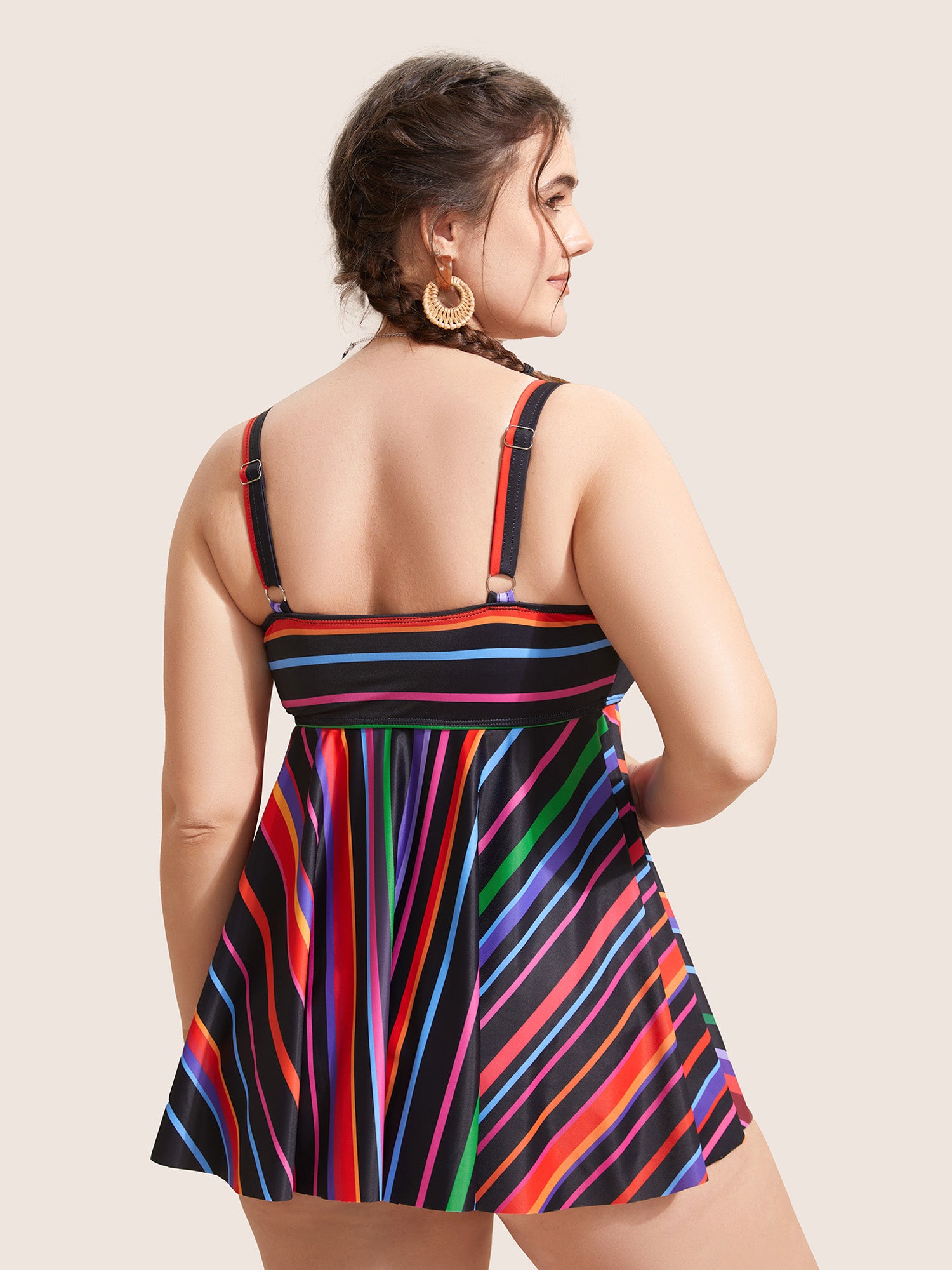 Heart Neckline Striped Contrast Gathered Swim Top