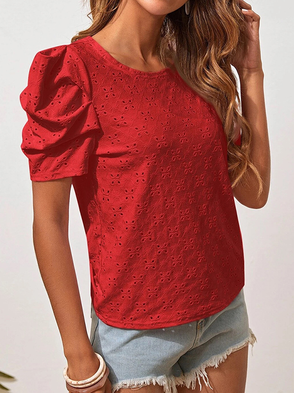 Loose Short Sleeves Hollow Pleated Solid Color Round-Neck T-Shirts Tops