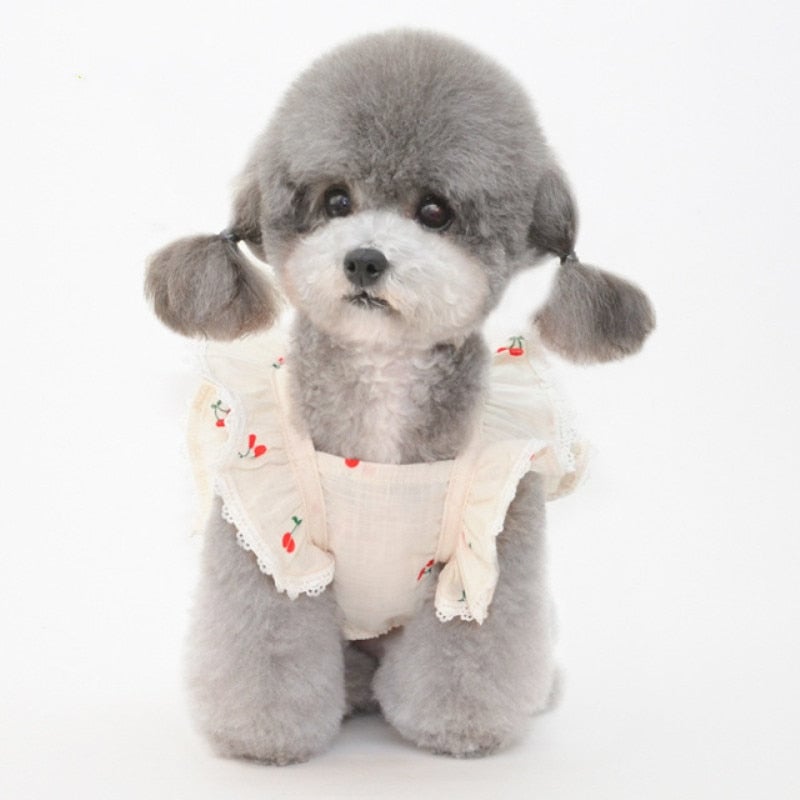 Cherry Printed Dog Cat Dress With Hat
