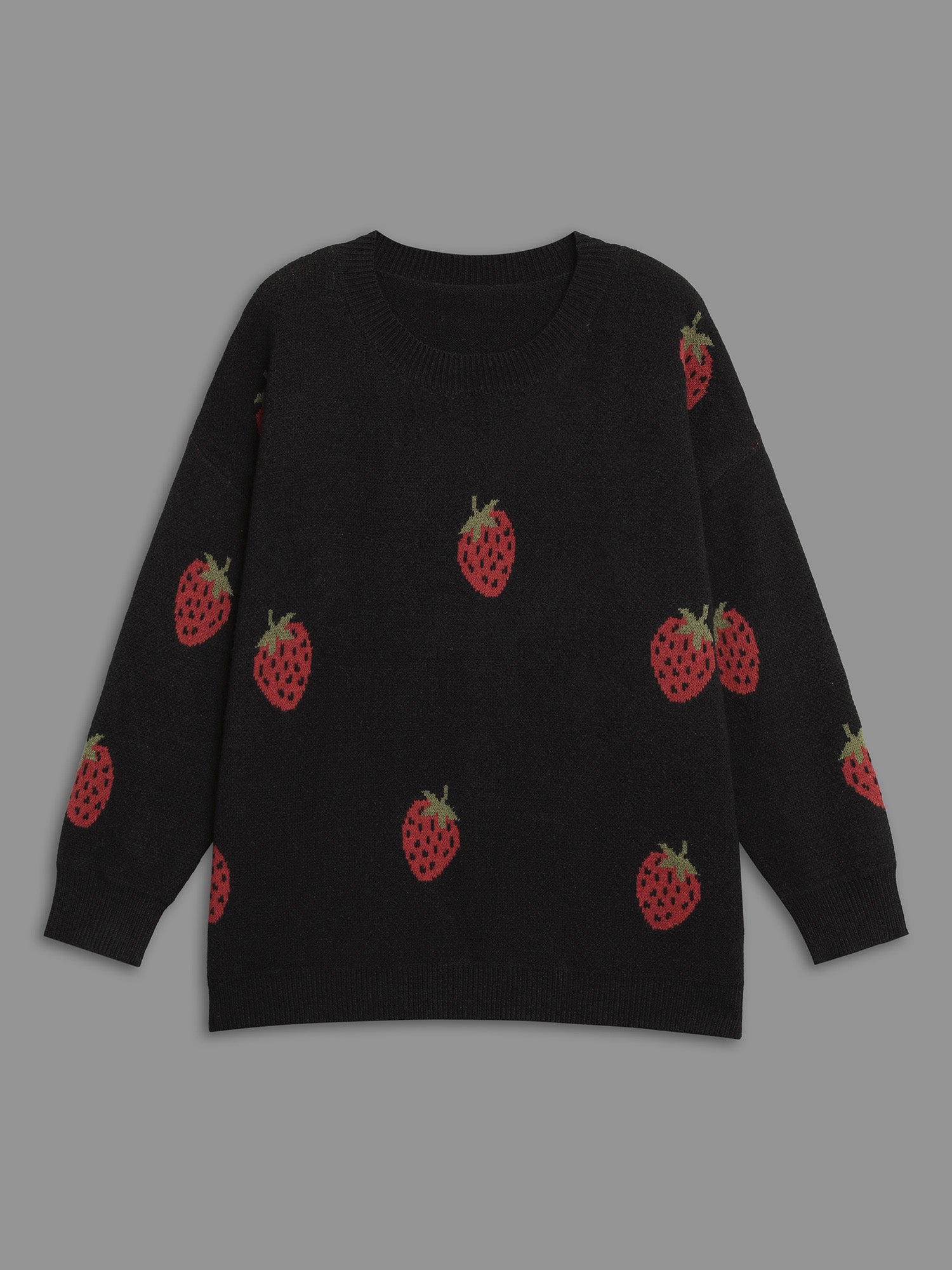 Strawberry Jacquard Drop Shoulder Sleeve Pullover