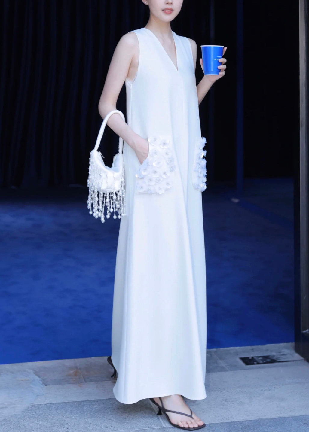 French White Sequins Pockets Cotton Party Dress Sleeveless