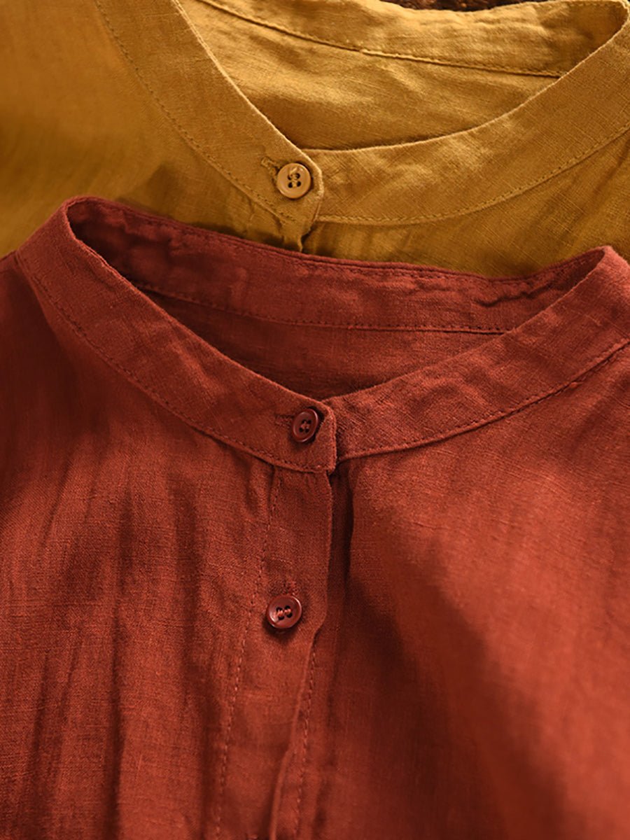 Women Summer Pure Color Stand Collar 100%Linen Shirt