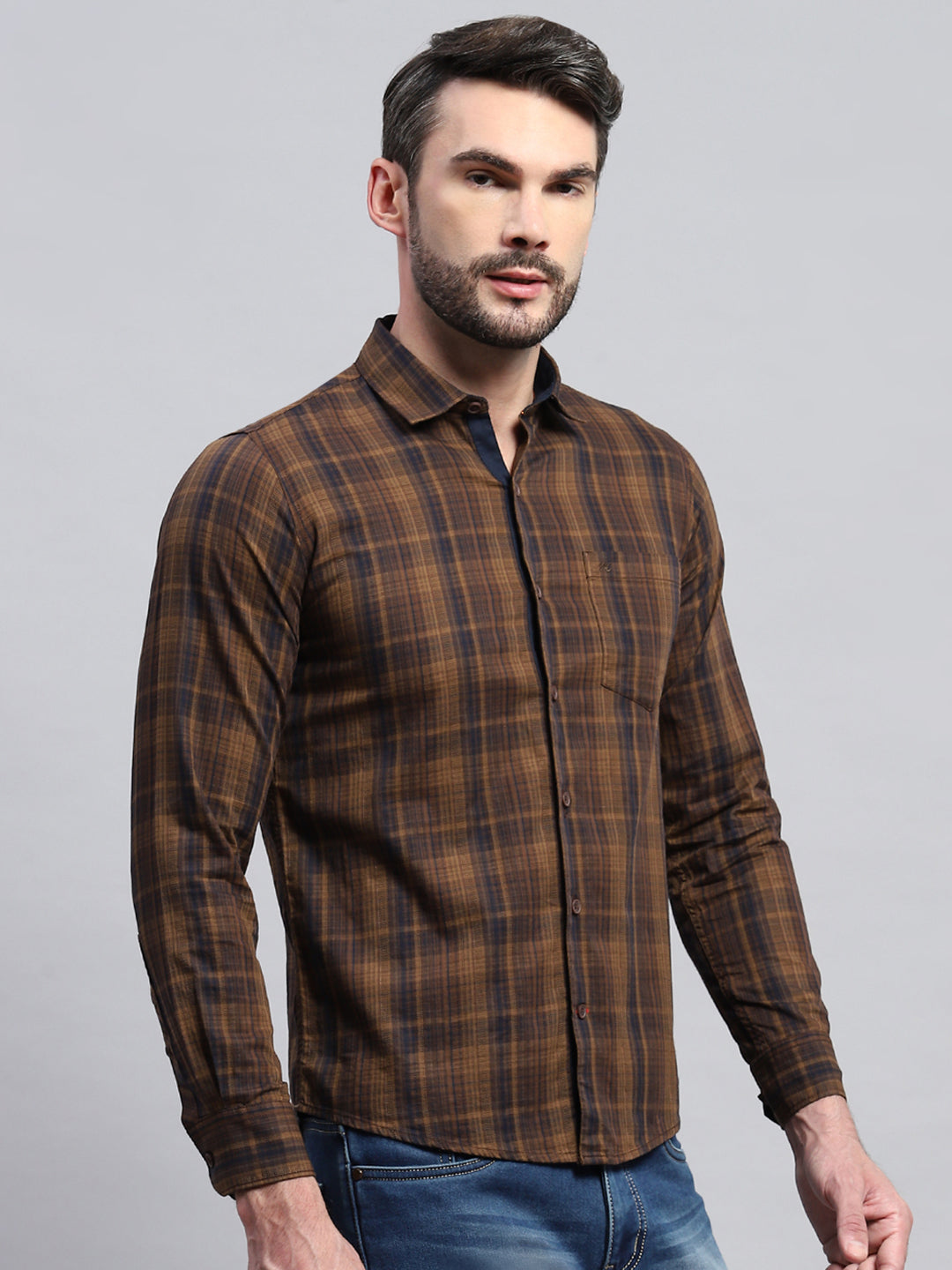 Men Brown Check Collar Full Sleeve Shirt