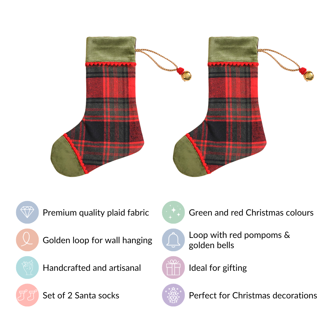 Plaid Bell Santa Stockings Set Of 2