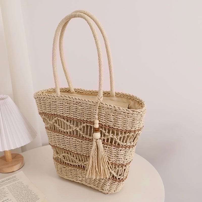 Women's Medium Straw Color Block Vintage Style Square Zipper Handbag