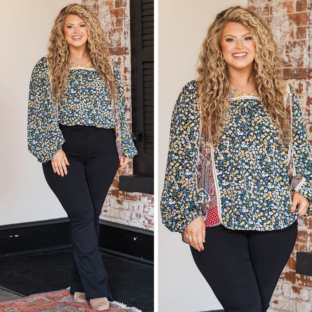 Whimsical Drapes Blouse. Navy