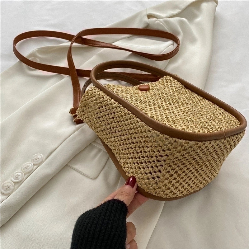 Women's Small Straw Color Block Streetwear Square Zipper Straw Bag
