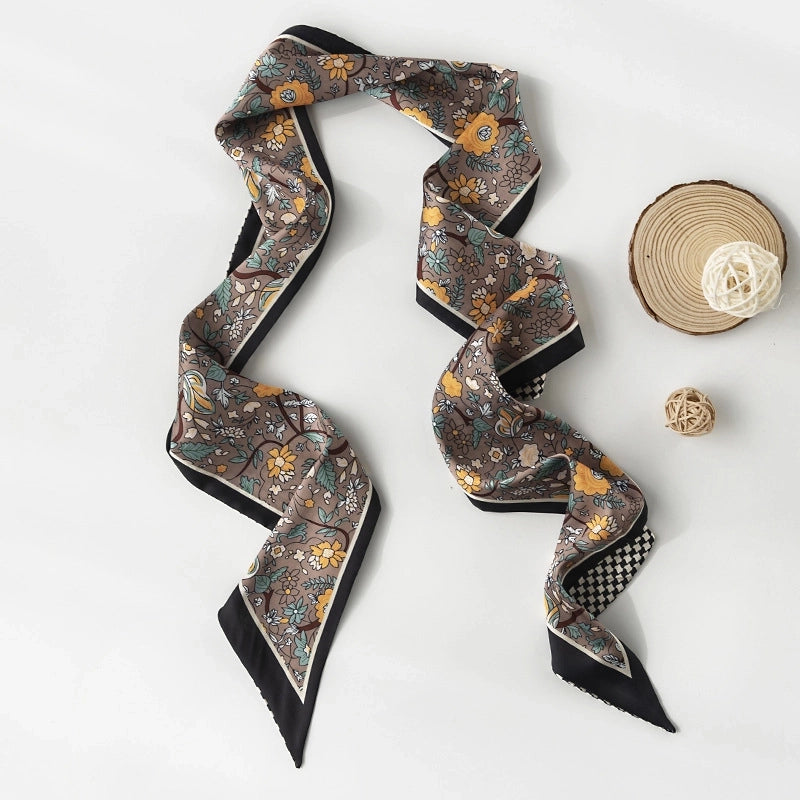 Women's Retro Plaid Flower Satin Silk Scarf